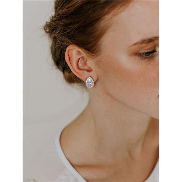Teardrop Bridal Earrings - Elegant Cubic Zirconia Studs for Wedding, Prom, Bride - Picture 2 of 8